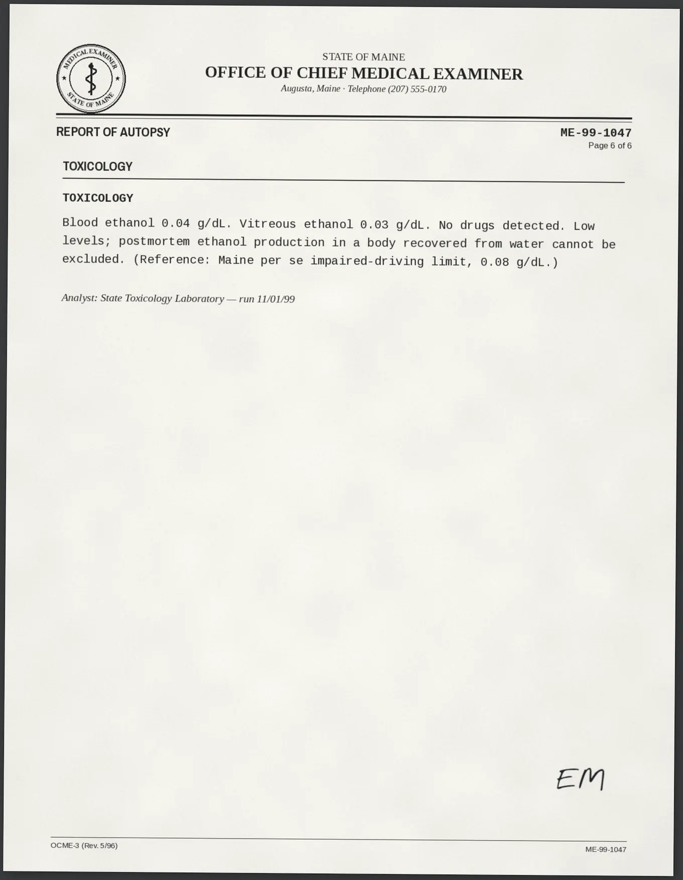 Original medical examiner’s toxicology record from the fictional Havenport case